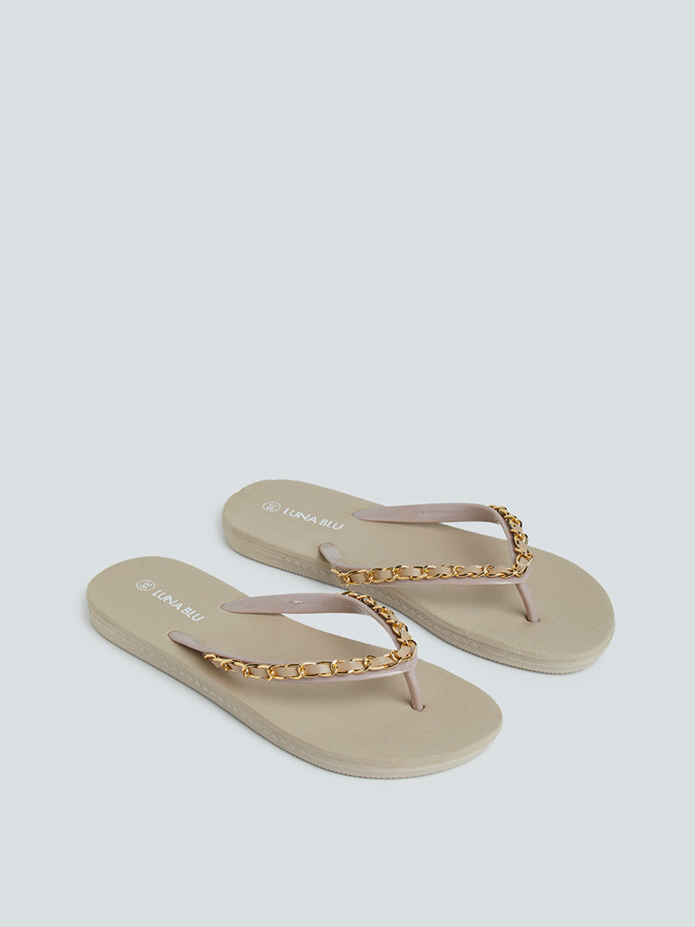 LUNA BLU Beige Chain-Detailed Flip-Flops